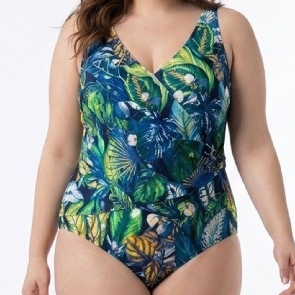 Susan Graver 32W Plus Size One Piece Swimsuit Womens Tropical Green Blue